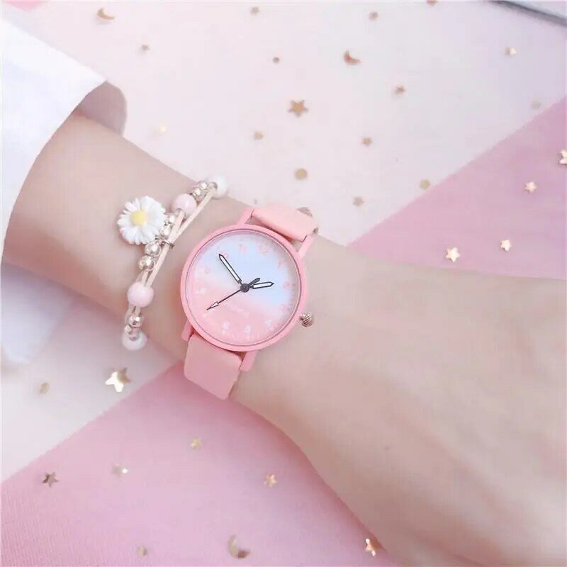 New Cherry Blossom Pink Children's Watch Fashion Waterproof Quartz Gradual Blue Leather Sports Girl's Clock Renojes