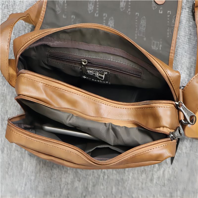 THREE-BOX Leather Messenger Bag for Men and Women with Adjustable Shoulder Strap Brown