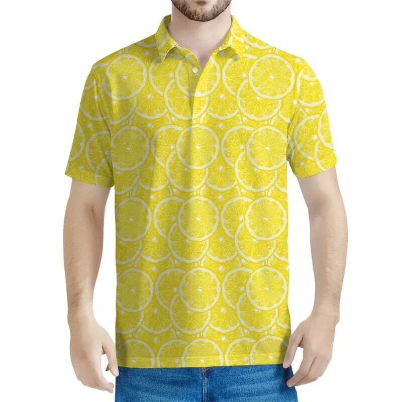 Desenhos animados dos homens amarelo limão camisa polo, mangas curtas soltas, impresso em 3D frutas botão polo camisas, casual lapela tees, tops de verão
