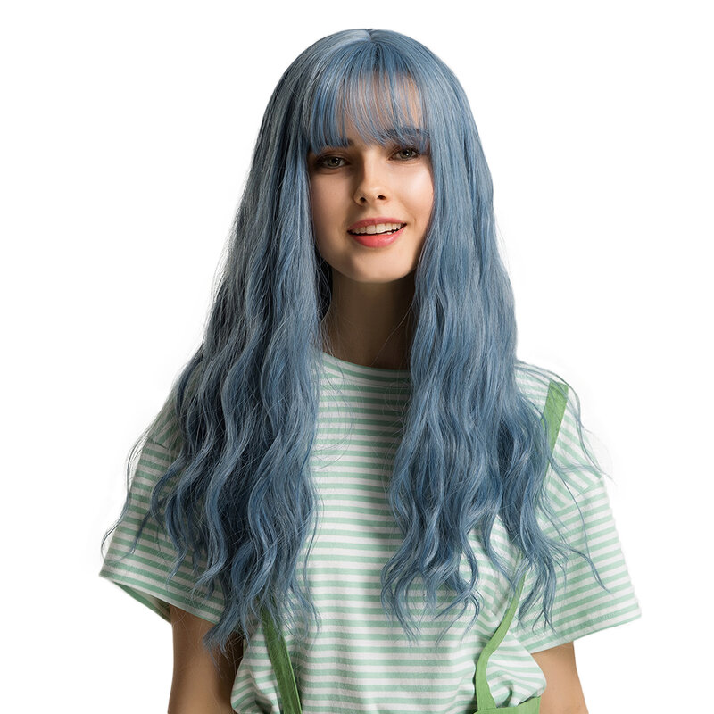 Peluca de pelo largo de fiesta para mujer, diadema completa sintética ondulada azul, estilo de moda en un solo paso