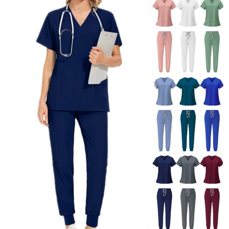 Szpitalne fartuchy chirurgiczne damskie mundury medyczne elastyczne zestawy do peelingu z krótkim rękawem topy spodnie akcesoria pielęgniarskie ubrania dla lekarzy