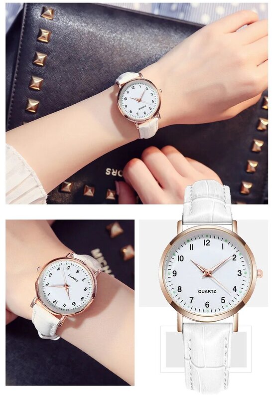 Moda skórzany zegarek damski Casual podświetlany zegarek kwarcowy prosty College mały świeży zegarek damski dla kobiet zegar Reloj Mujer