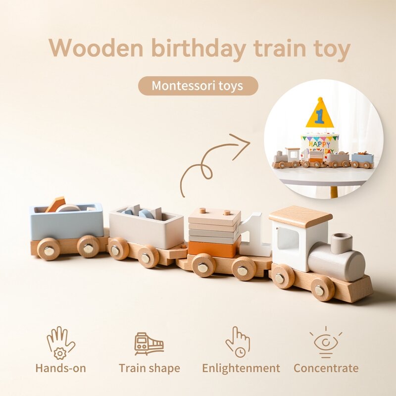 Train en bois Montessori pour bébé, jouets d'anniversaire, chariot en bois, jouets d'apprentissage pour bébé, nombre de jouets en bois