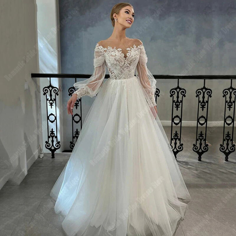 Sexy Off Shoulder Tulle Wedding Dresses High Quality Fluffy Long Sleeves Prom Gowns Mopping Length Party Vestidos De Novias 2024