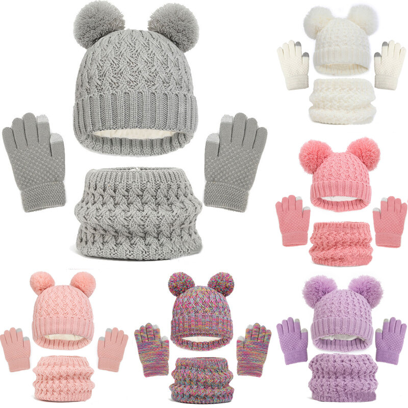 Knitted Baby Hats Scarf Set Winter Neck Scarves Beanie Caps For Boy Girls Cute Hat Scarf and Gloves 3pcs Suit For Kids 1-6years