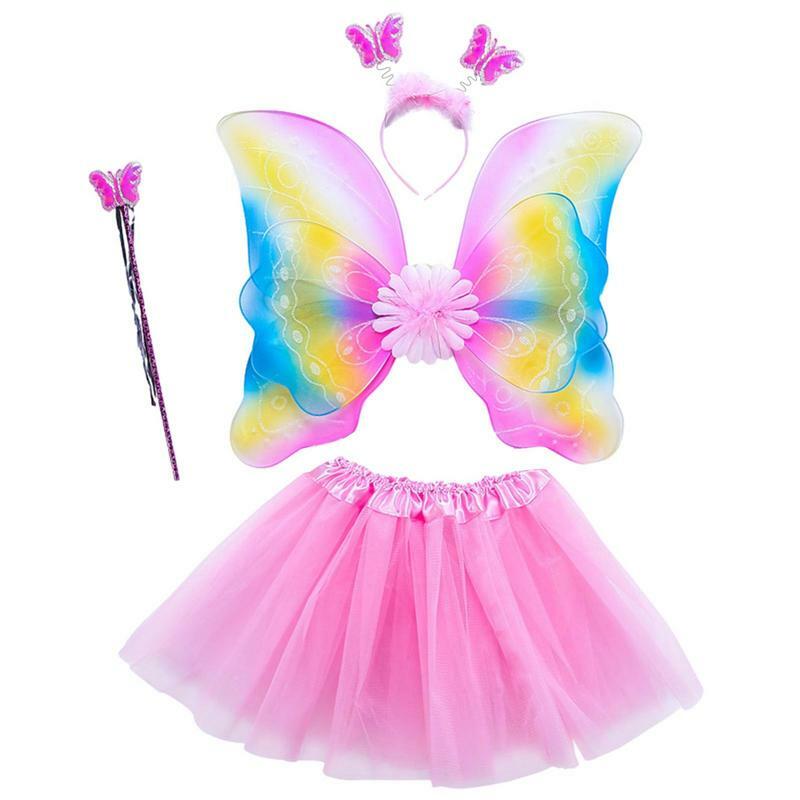 절묘한 소녀 파티 의류 세트, 날개 요정 의상 세트, 나비 날개 스커트 지팡이 및 머리 장식, 생일 파티