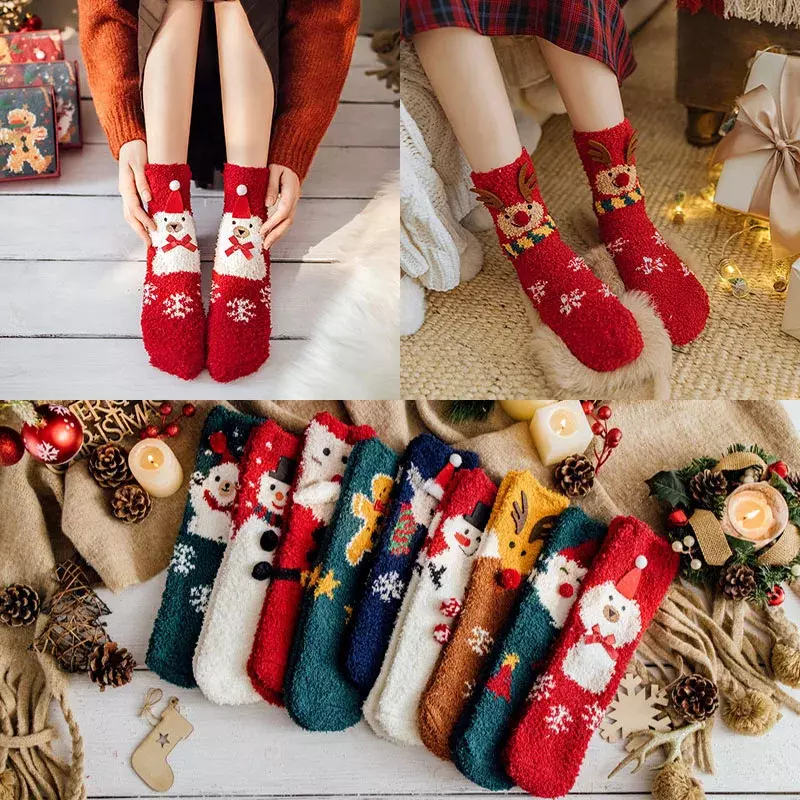 Calcetines de lana de coral de Navidad, medias de tubo medio, cálidas, gruesas, con dibujos animados para dormir en el suelo