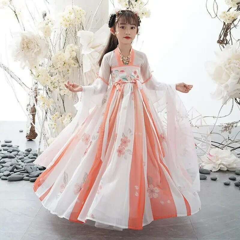 Gaun Hanfu Cina 2024 kostum Tahun Baru gaun Hanfu kuno kostum Cosplay peri karnaval anak-anak gaun merah muda untuk anak perempuan