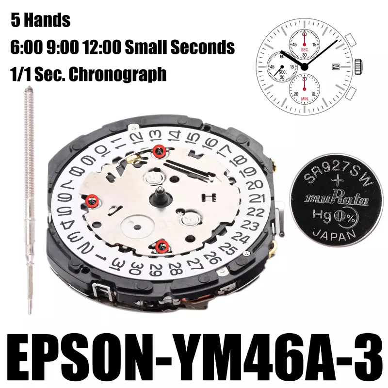 Механизм YM46, механизм Epson YM46-3, центральный хронограф YM46 серии YM YM46A 6:00 9:00 12:00, маленькие секунды, размер: 12 дюймов, дата в 3:00