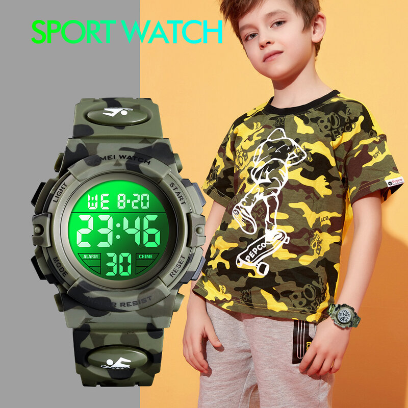 SKMEI นาฬิกากีฬาสำหรับเด็ก, นาฬิกา1548ไฟหลากสี12/24ชั่วโมงลายพราง5bar กันน้ำ