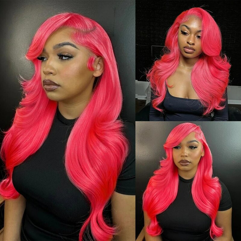 Wig 13x4 renda depan merah muda populer rambut manusia ketebalan 180% Wig rambut manusia depan renda gelombang tubuh merah muda tren baru untuk wanita kirim dari AS