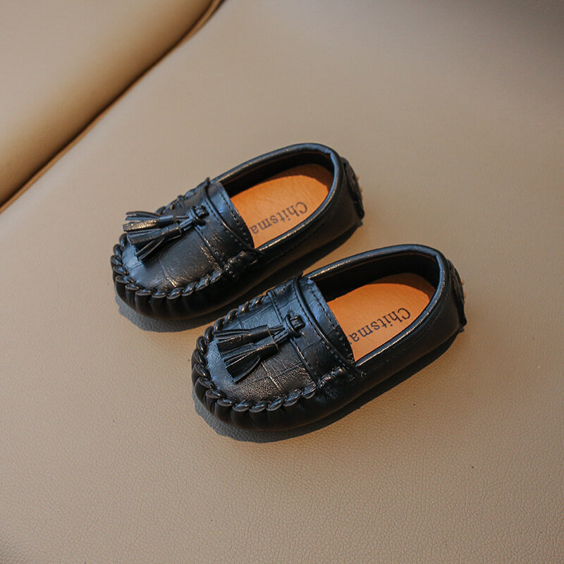 Sapatos de couro casual infantil, sola macia, deslizamento confortável, sapatos de meninos, design de borla para meninas, primavera, outono, CSH1587