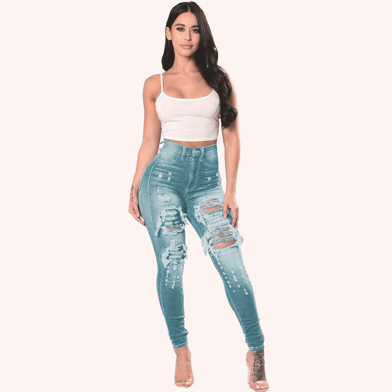 Woman Pencil Pants Ripped Y2k Slim Fit High Waist Vintage Streetwear Casual Fashion High Stretch Blue Jeans Ladies Baggy Jeans