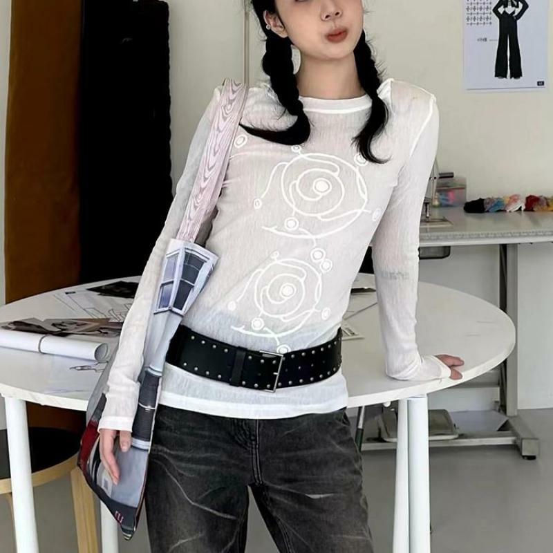 เสื้อทีเชิ้ตมีฮู้ดแขนยาวสำหรับผู้หญิงเสื้อ MODE Korea แนวสตรีทเสื้อแนวกรันจ์สุดชิคเสื้อยืด Y2k สวยงาม