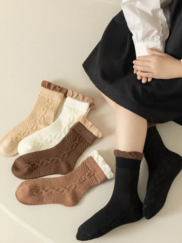 New Autumn Winter High Elastic Simple Children Socks Cotton Vintage Lolita Ruffle Socks Solid Color Boys Girls Socks 5 Pairs/Lot