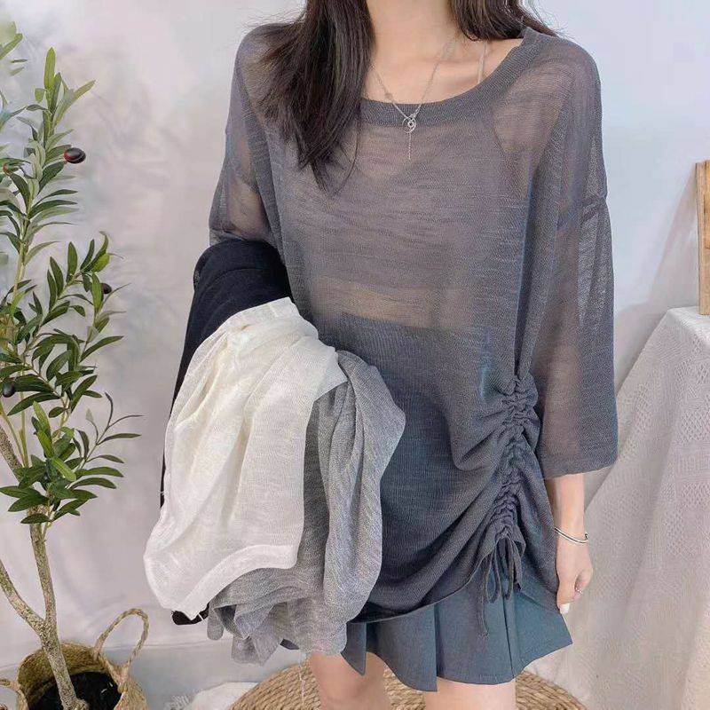 Camisetas de vendaje fruncido de punto de Color sólido con cuello redondo para mujer, ropa holgada coreana, camiseta informal, 2024