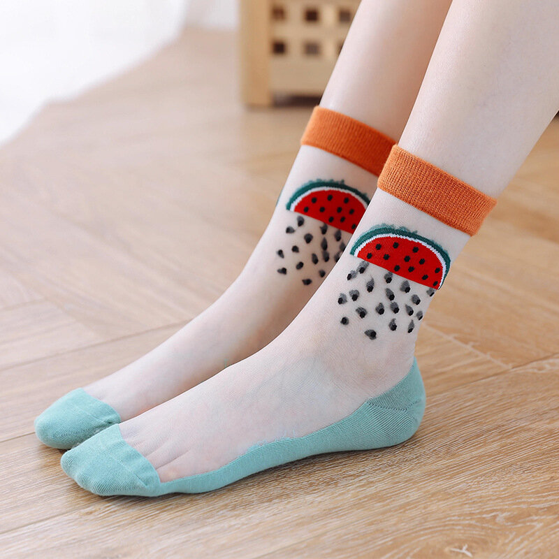 Kave Summer New Socks calzini di seta di vetro di frutta del fumetto sottile giapponese da donna Fashion Ins Trend Card calze da donna Dropshipping