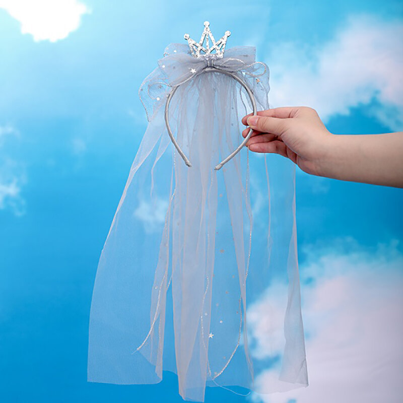 Фата для подружки невесты, повязка на голову с короной, однослойная, розовая, белая, для свадьбы, детский аксессуар