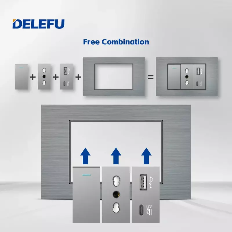 DELEFU Aluminum brushed panel Grey series USB Type C Italian EU standard wall switch socket plug