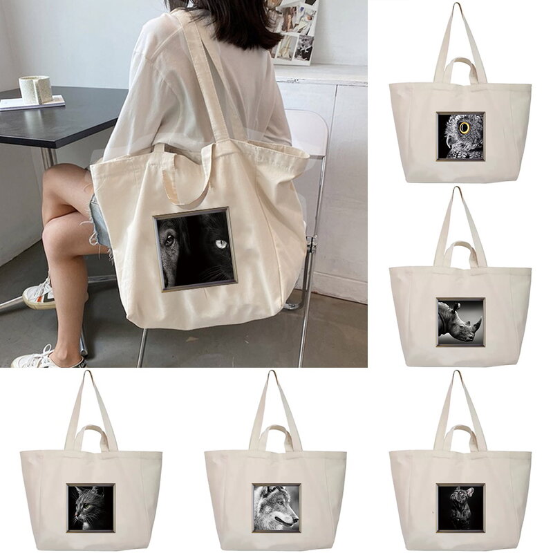 Tas kanvas dapat dilipat untuk pria/wanita, tas penyimpanan kapasitas besar, tas perjalanan luar ruangan, tas kanvas dapat dilipat pola seri hewan