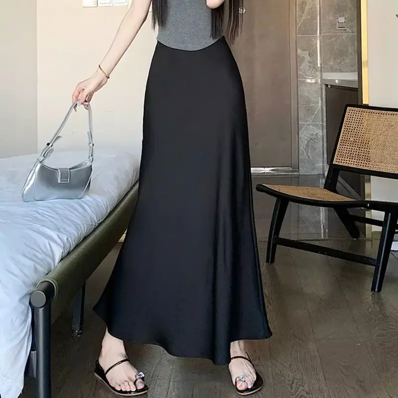 2024 New Fashion Temperament Ladies Solid Color A-line Skirt Intellectual Casual High Waist Long Dress Vintage Women's Clothing