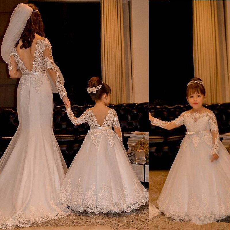 結婚式,プリンセスレース,長袖,背中の開いた,聖体拝領,女の子のためのパーティードレスのためのフラワーガールドレス