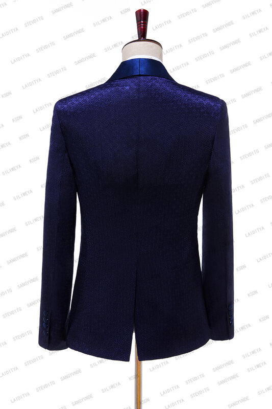 Жаккардовый мужской костюм темно-синий атласный костюм с отложным воротником мужской свадебный костюм для жениха приталенный силуэт Блейзер стандартного размера смокинг (пиджак + брюки + жилет)
