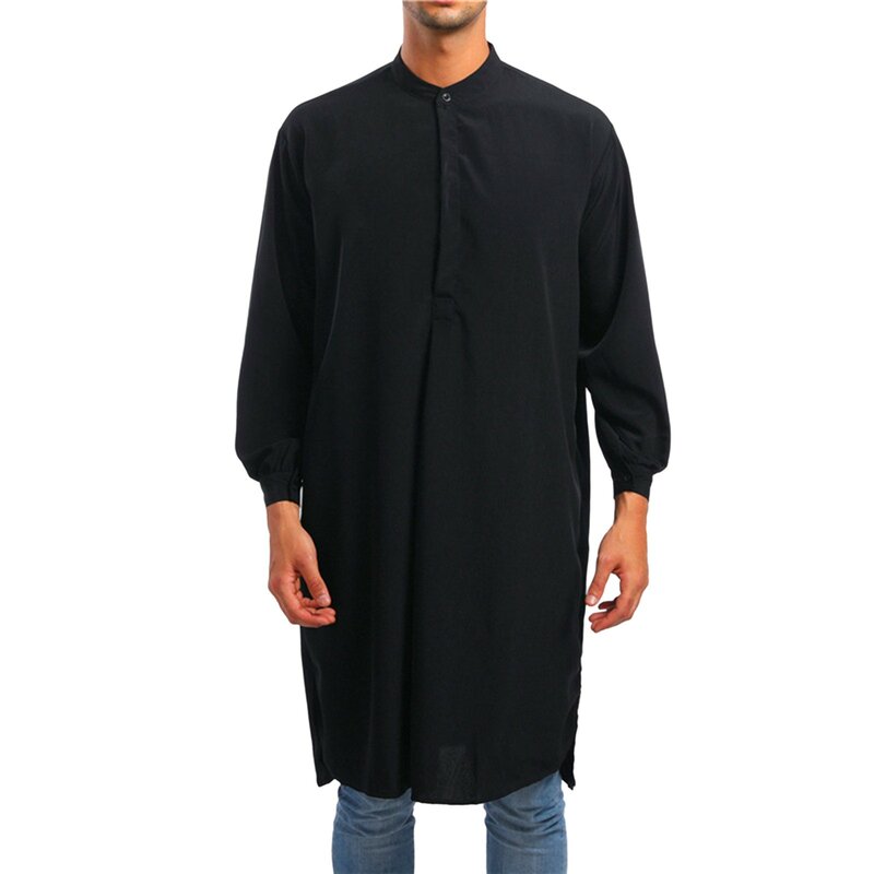 Veste de Kaftan muçulmano de botão manga comprida masculina, camisa árabe, vestido burca, vestes loungewear, monocromático, primavera, outono