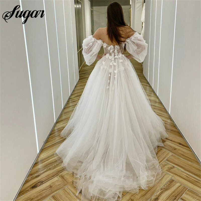 Suknie ślubne wróżka Sweetheart Neck Boho suknie ślubne 3D kwiaty bufiaste rękawy eleganckie suknie ślubne suknia ślubna suknia ślubna