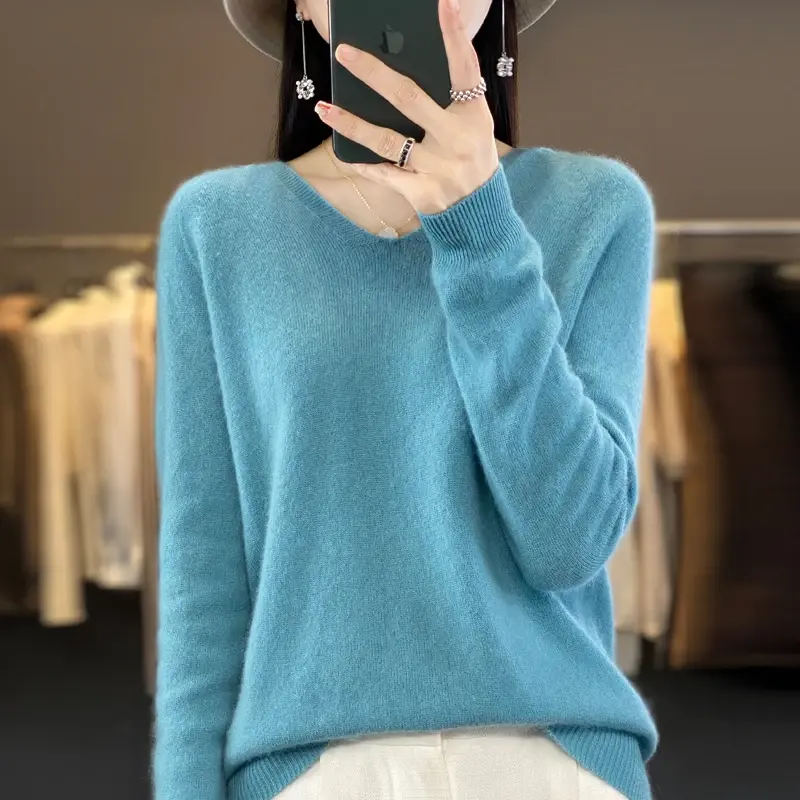 Вязаный свитер, кашемировый свитер, Женский пуловер из 100% мериносовой шерсти с капюшоном и V-образным вырезом, осенне-зимняя толстовка, женская одежда