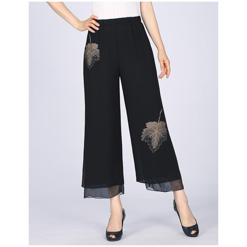 2024 New Summer Soft and Smooth Casual Loose Oversized High Waist Slimming Fashion Printed Chiffon Nine Split Wide Leg Pants