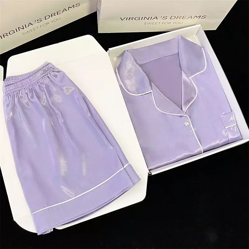 Пижамный комплект Женский Летний из двух предметов, однотонная атласная пижама из искусственного шелка на пуговицах, одежда для сна с коротким рукавом, домашняя одежда