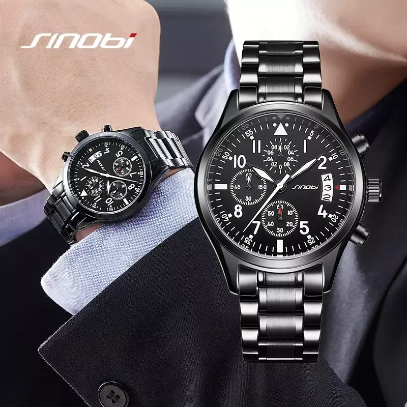 Business men's watch multifunctional dial steel watch waterproof luminous timing 9639