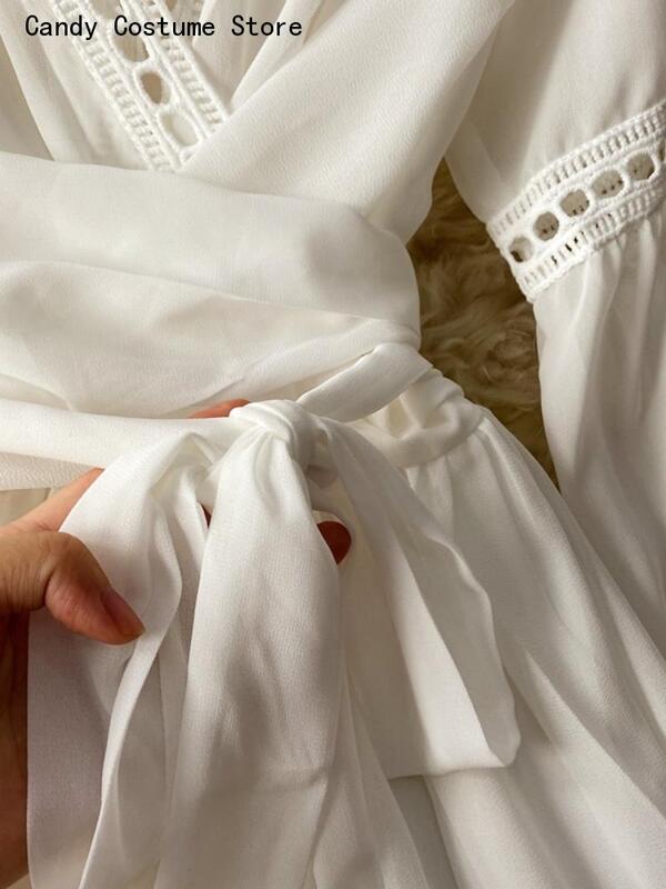 Robe blanche décontractée pour femmes, tenue de plage, style vacances, élégante, col en v, à lacets, taille haute, nouvelle collection printemps été