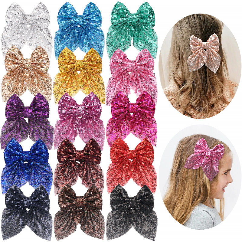 4 Pcs 5 Inches Boutique Hair Bling Sparkly Sequins Tail Mesh Ribbon Alligator Hiar Clips Barrettes Party Girls Kids Children