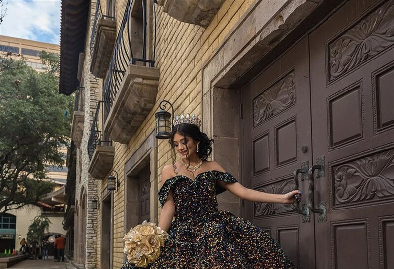 Schwarze Prinzessin Quince anera Kleider Ballkleid von der Schulter Pailletten funkeln süß 16 Kleider 15años mexikanisch