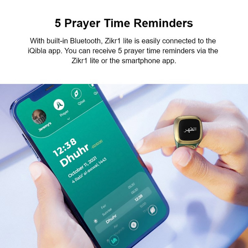 Inteligente Tally Counter Anel para os muçulmanos, Zik Digital Tasbeeh, 5 Lembrete Prayer Time, Lembrete Bluetooth