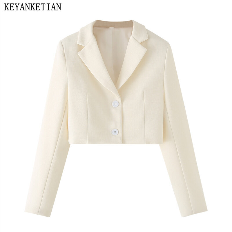 KEYANKETIAN 2024 New Launch Women's Beige Short Suit Spring Stylish Simply Single Breasted Slim Crop Top Office Lady Outerwear