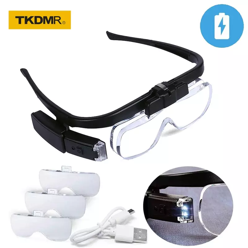 TKDMR USB Isi Ulang 2LED Iluminasi Kacamata Teropong Kaca Pembesar 6 Ikat Kepala Pembesar untuk Alat Baca