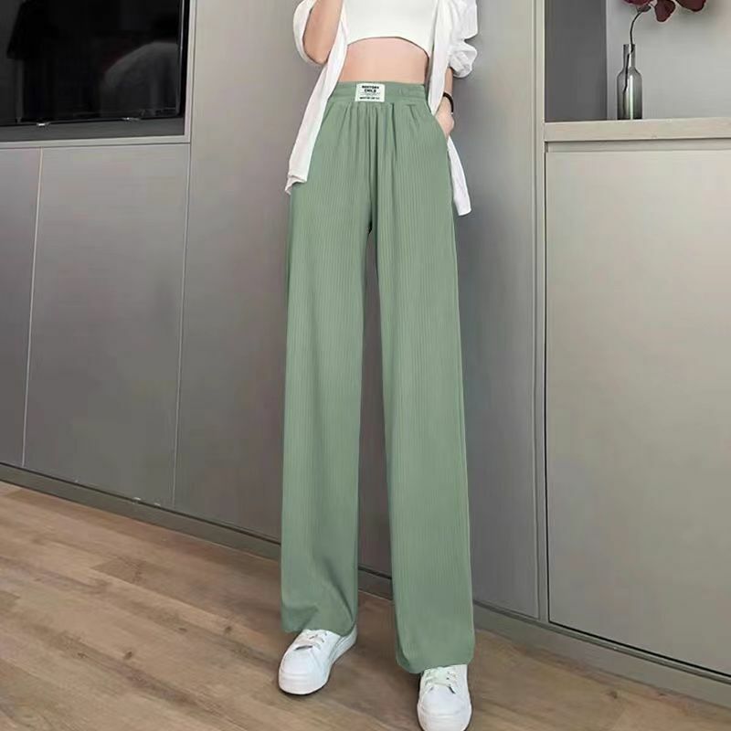 Summer Women Thin Fashion Korean Loose Casual Wide Leg Pants New Solid High Waist Ice Silk Pockets Slimming Straight Trousers