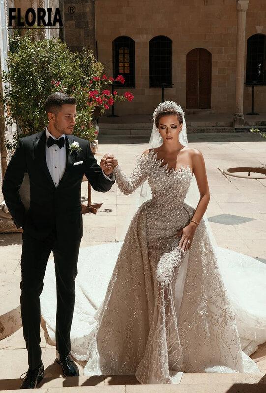Vestido De Novia Exquisite Major Pearls One Shoulder Wedding Dresses Lace Appliques Dubai Bridal Gown with Detachable Train