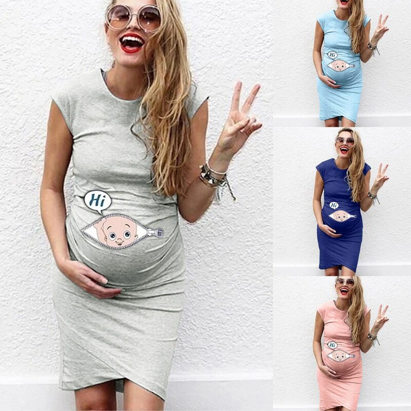 Umstands kleider Sommer Frauen Schwangerschafts ärmellose Rundhals ausschnitt Cartoon Muster Tank Kleid schwangere Bodycon Kleid Baby Duschen