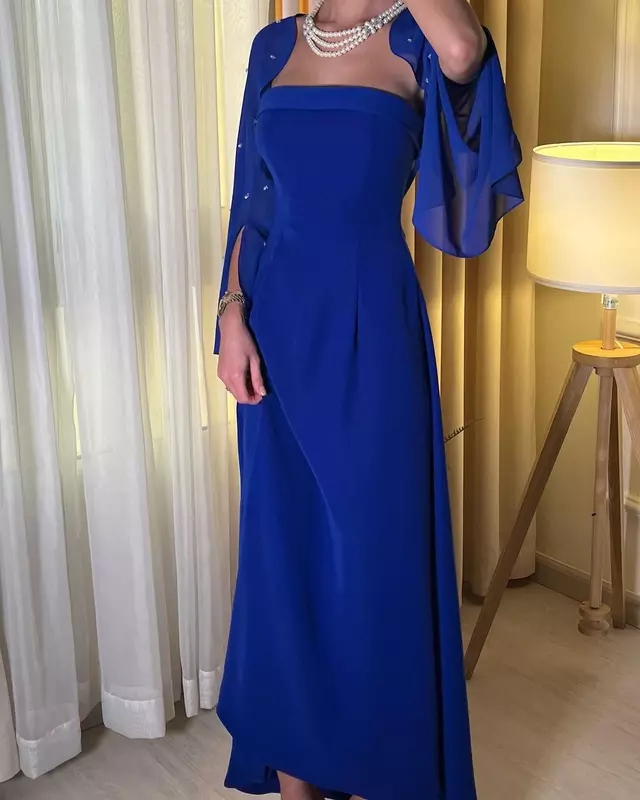 Koendye-Azul Royal frisado Chiffon vestidos de noite, mangas compridas, baile, sem alças, festa à noite, casamentos especiais, A Line Vestidos, 2024