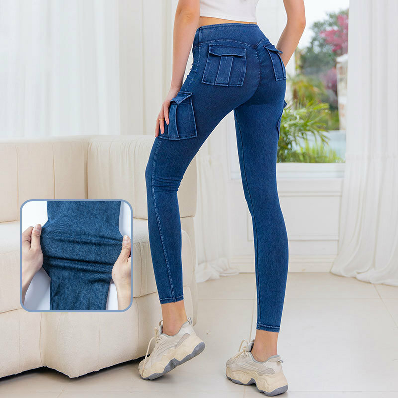 Jeans de cintura alta Slim Peach Buttocks para mulheres, crisântemo nádegas bolsos, roupas esportivas, calças casuais