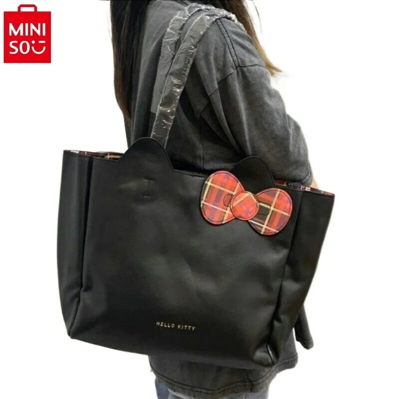 MINISO-Bolsa de ombro feminina em couro PU Hello Kitty, sacola fofa de borboleta, alta qualidade, grande capacidade, moda, armazenamento