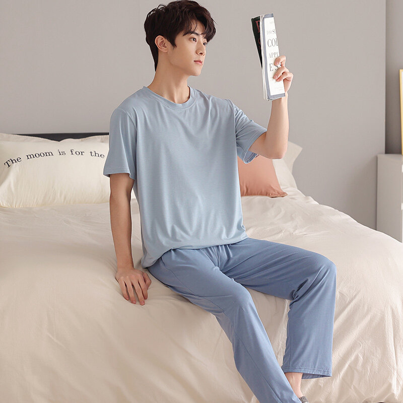 Summer Men's Soft Modal Pajamas Set Simple Short-Sleeve Tops + Long Pants Nightwear Home Wear Suits Fashion Sleepwear for Men