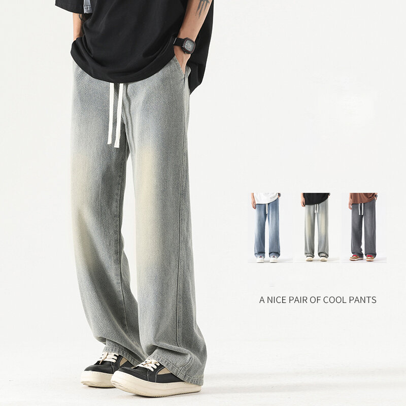 جينز فضفاض رفيع للرجال ، خصر مرن ، ملابس الشارع ، موضة كورية ، بنطال جينز بساق واسعة ، ملابس رجالية ، صيف ، جديد ،