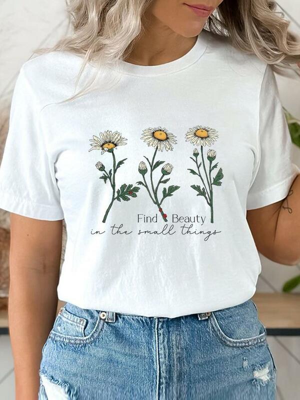 Camiseta de manga corta con estampado de plantas y flores para mujer, ropa informal, Camisetas estampadas de los 90