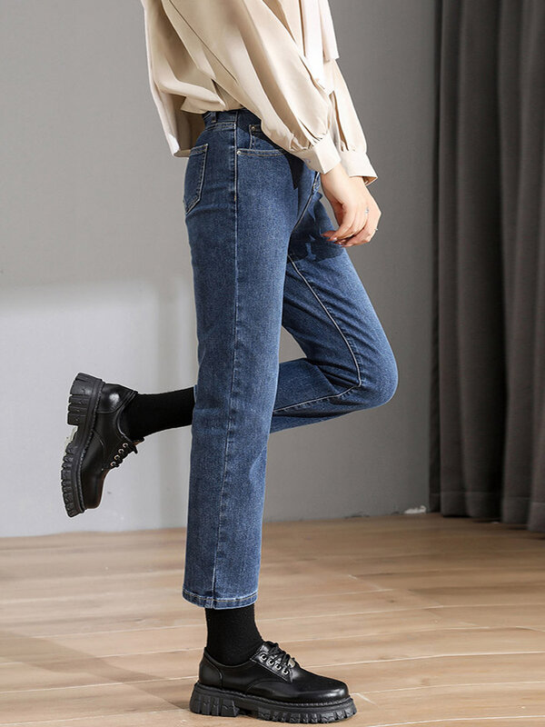 Jeans Wanita Biru Gelap untuk Anak Perempuan Panjang Pergelangan Kaki Y2k Streetwear Pinggang Tinggi Mode Korea Pakaian Antik Celana Lurus untuk Wanita