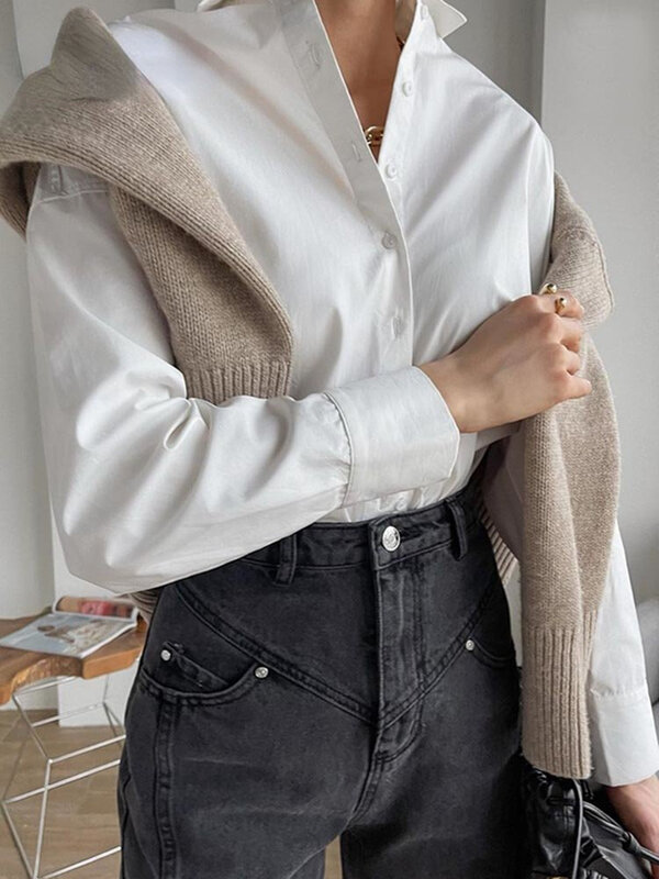 Damen Baumwoll hemd und Blusen, Weiß, Umdrehung kragen, Damen bluse Top, Langarm, Solid, Stylish, 2024